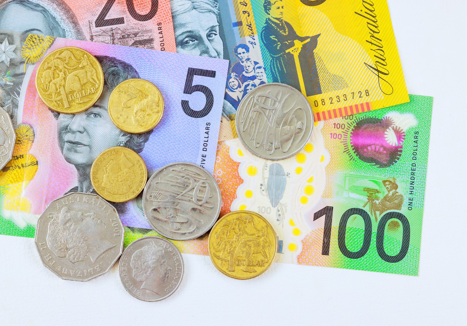 Australian national bank issues banknotes cash denominated with AUD Australian dollars, coins